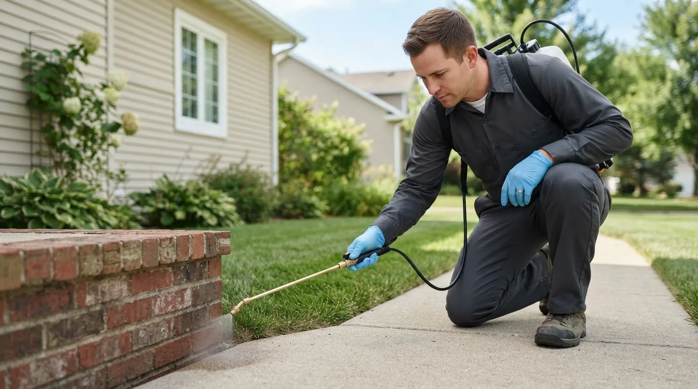 Pest control technician treating a home near Porterville, CA