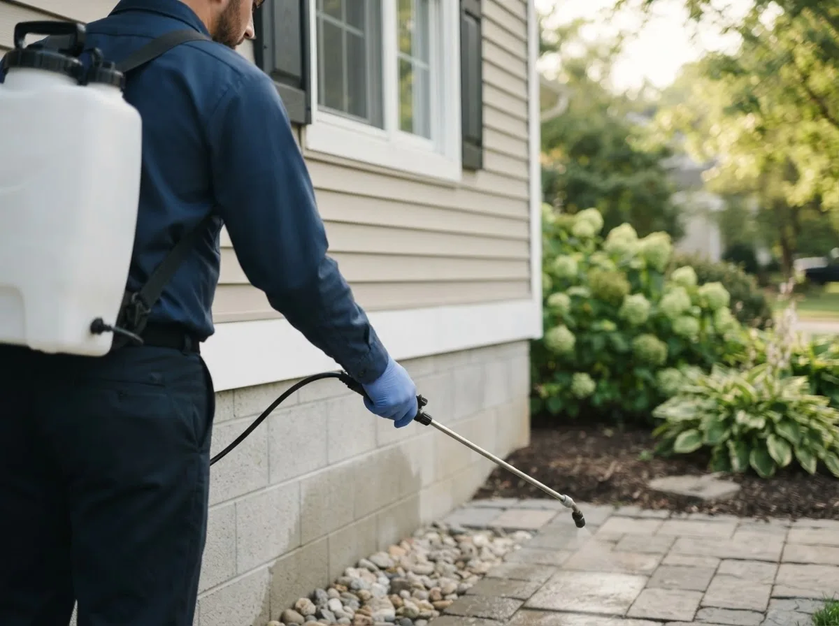 Pest control technician inspecting a home in Porterville, CA
